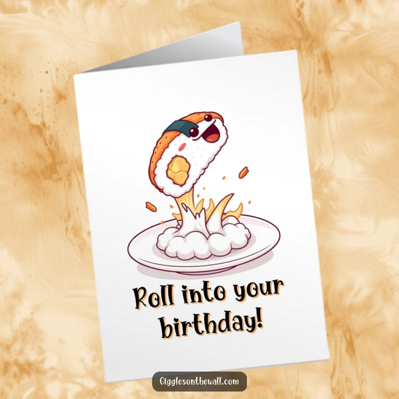 Funny Free Printable Birthday Card: Sushi dramatically leaps from a plate with wide eyes, celebrating a birthday with flair.