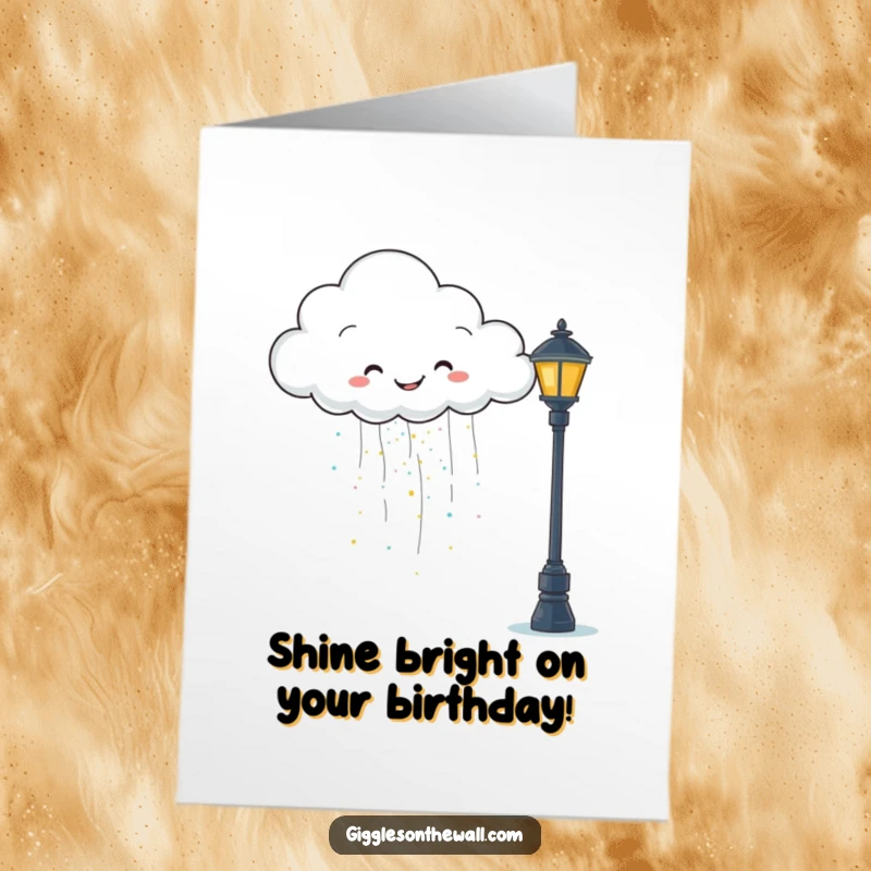 Funny Free Printable Birthday Card: A happy cloud rains glitter onto a grumpy lamppost, spreading joy and sparkle.
