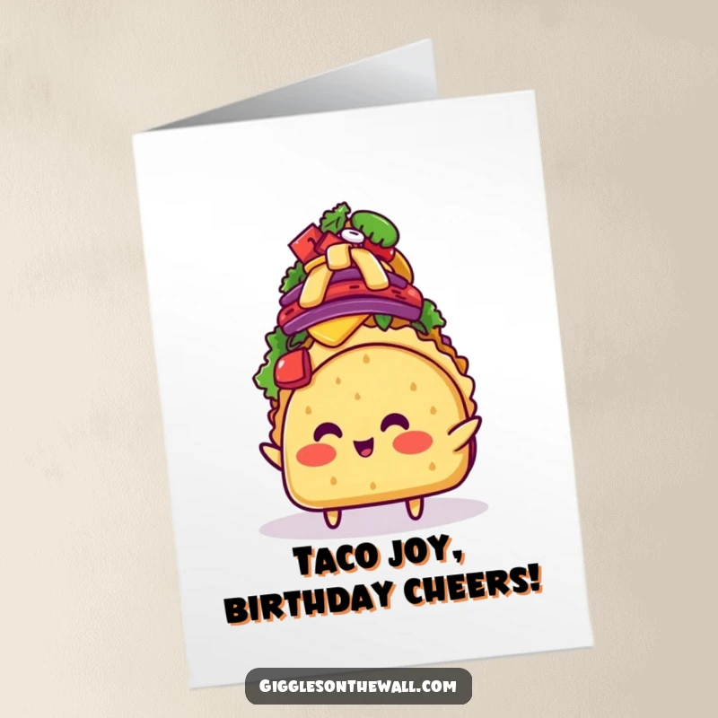 Funny Free Printable Birthday Card: Blushing taco character struggling to balance a huge, precarious mountain of toppings.