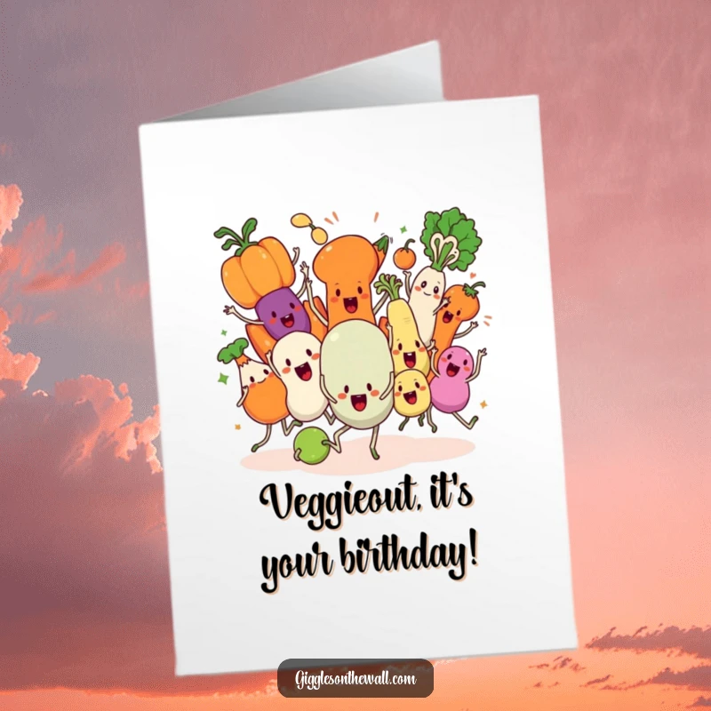 Funny free printable birthday card capturing a group of animated vegetables in a hilariously chaotic, uncoordinated synchronized dance routine.
