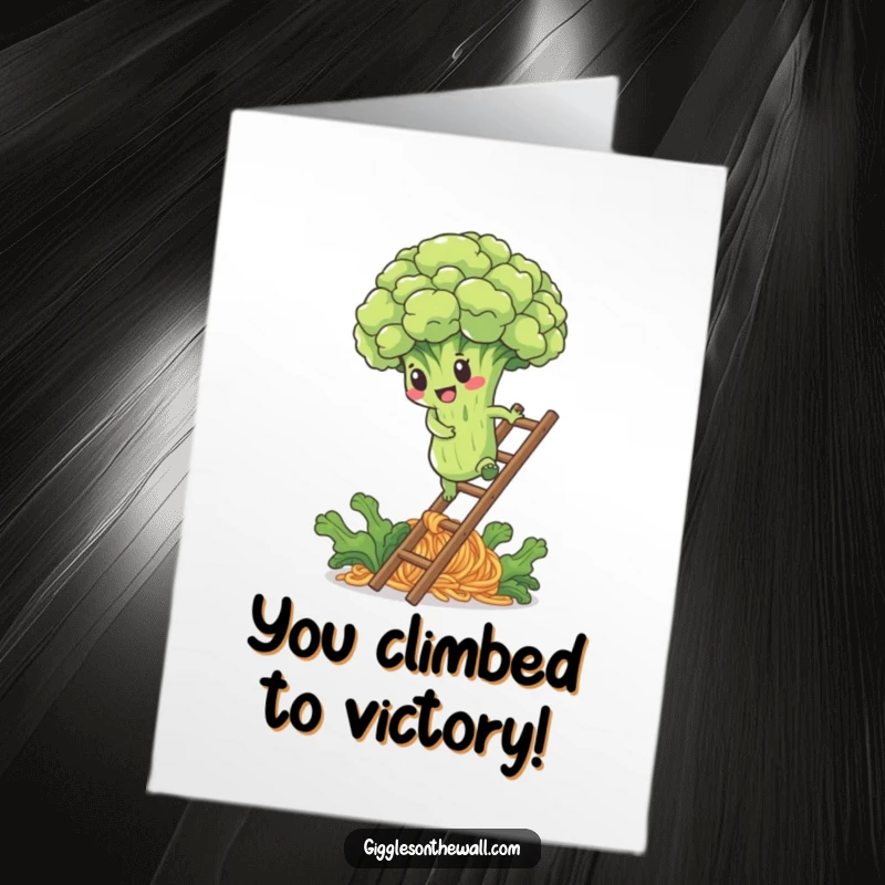 Funny Free Printable Congratulations Card: a determined broccoli floret scaling a noodle ladder to victory.