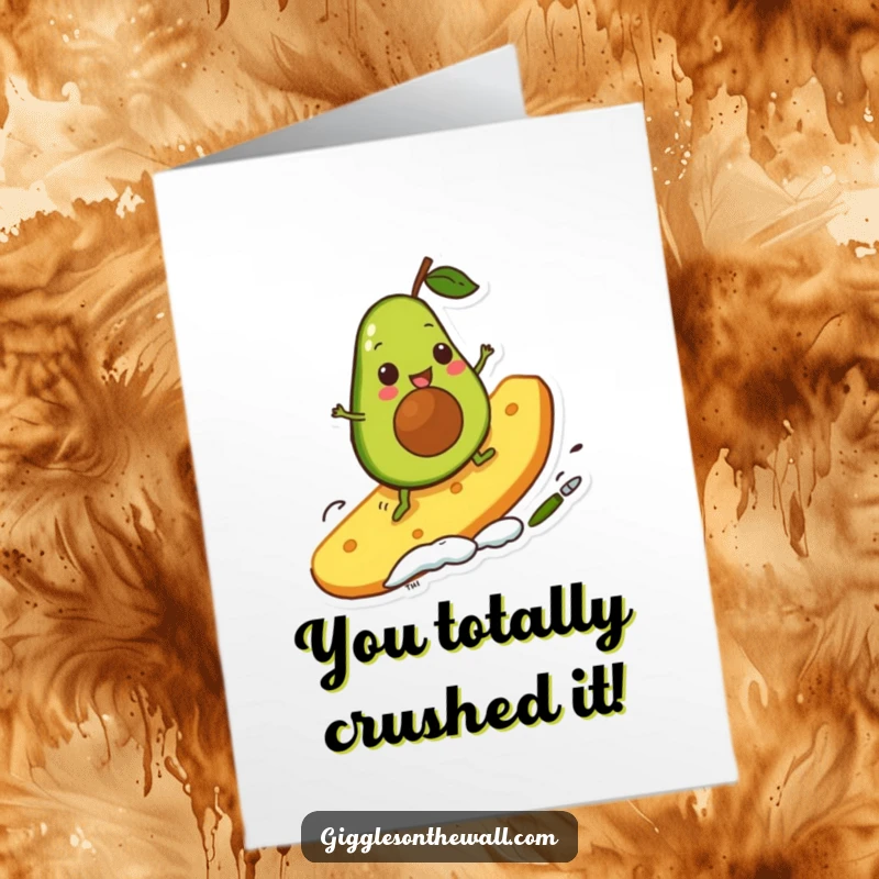 Funny Free Printable Congrats Card: Avocado surfer riding a giant chip, celebrating a triumphant moment.
