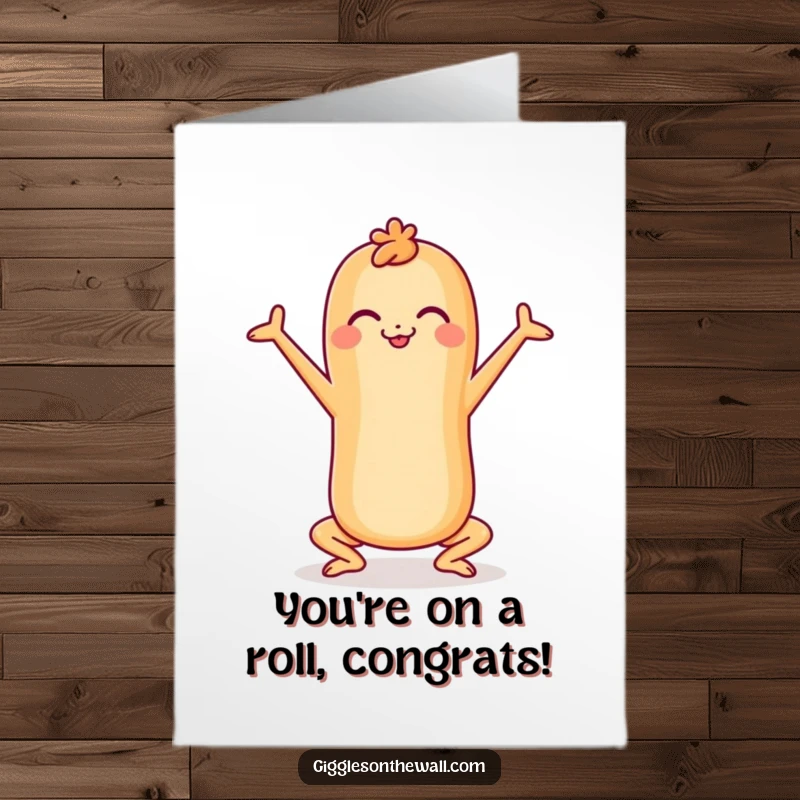 Funny Free Printable Congrats Card: A cheerful baguette holds a yoga pose, embodying balance and congratulatory calm.