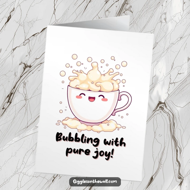 Funny Free Printable Congratulations Card: A teacup overflowing with bubbles, comically splashing everywhere, celebrating a momentous occasion with bubbly chaos.