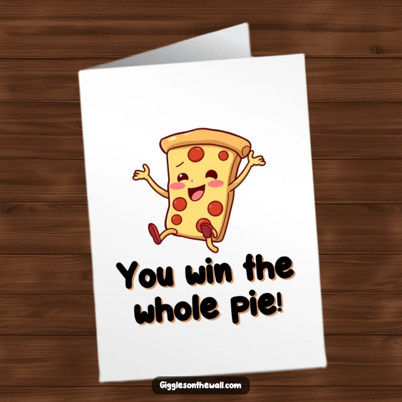 Funny Free Printable Congratulations Card: A pizza slice with legs executes a wildly enthusiastic and clumsy dance, celebrating success with gusto.