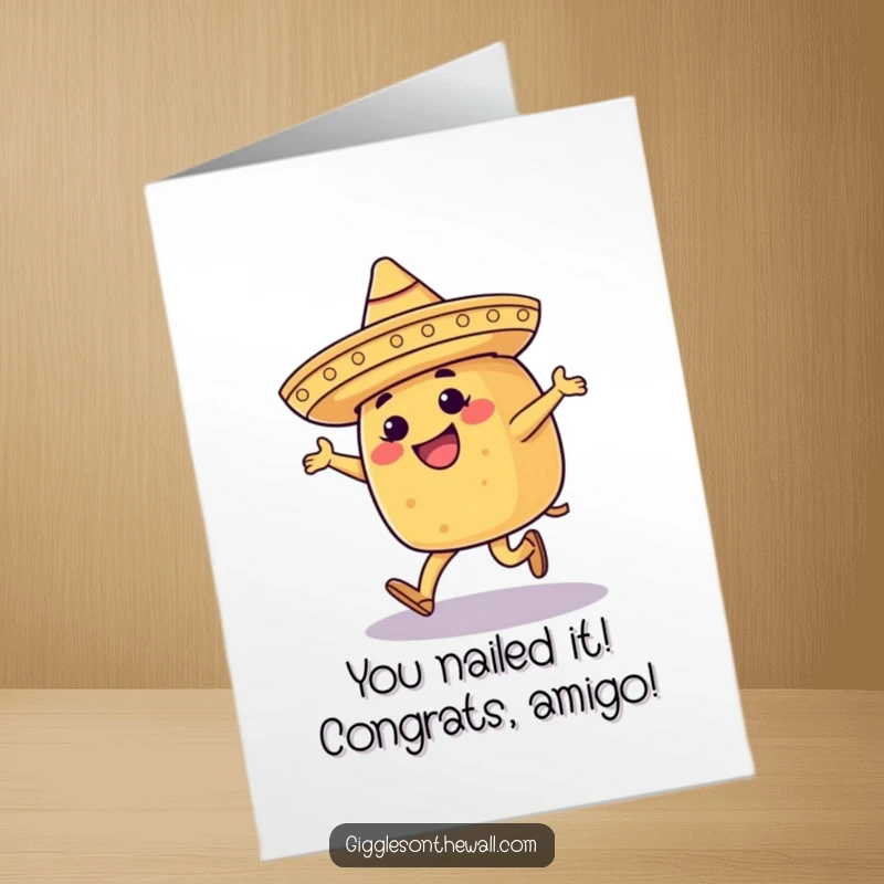 Funny Free Printable Congratulations Card featuring a taco wearing a sombrero and moonwalking with festive flair