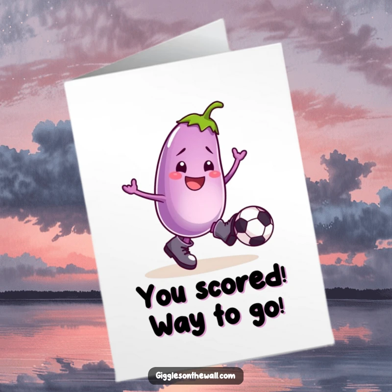 Funny Free Printable Congratulations Card: Joyful eggplant in boots kicking a football, celebrating a big achievement.