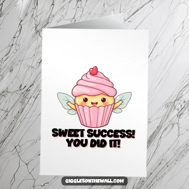 Funny Free Printable Congratulations Card: Happy cupcake with candy wings flying away, celebrating a sweet achievement.