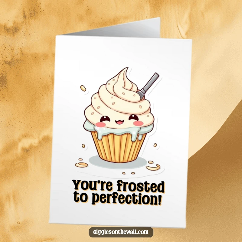 Funny Free Printable Congratulations Card: Kawaii cupcake character covered in frosting while attempting to frost itself.