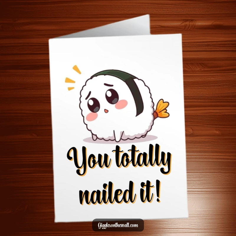 Free Printable Congratulations Card showing a surprised sushi character in a funny, clumsy tail-trip.