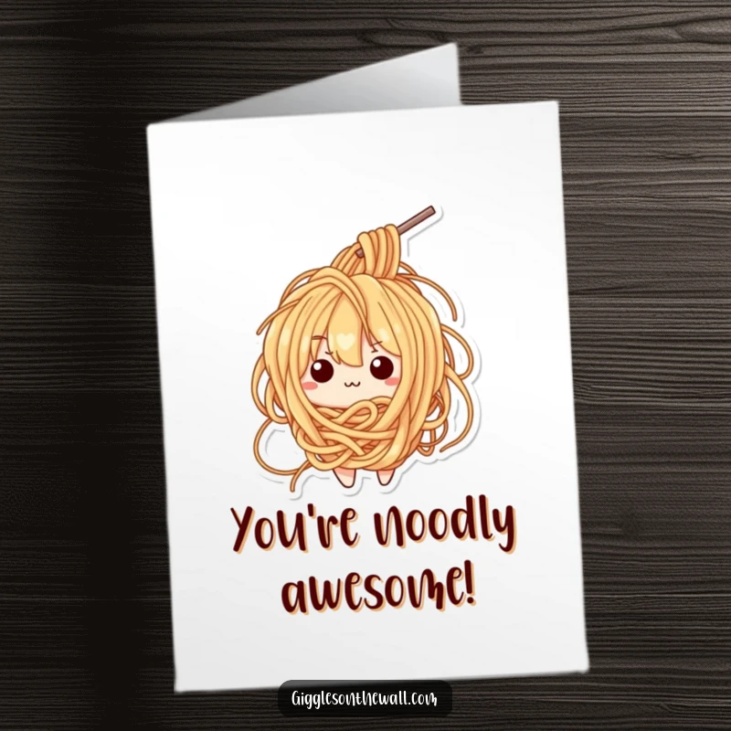 Funny Free Printable Congratulations Card: A bewildered Kawaii ramen noodle character stuck in its own tasty strands.