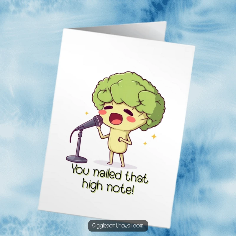 Funny Free Printable Congratulations Card: A proud broccoli head singing opera, endorsing your spectacular success with a dramatic flourish.