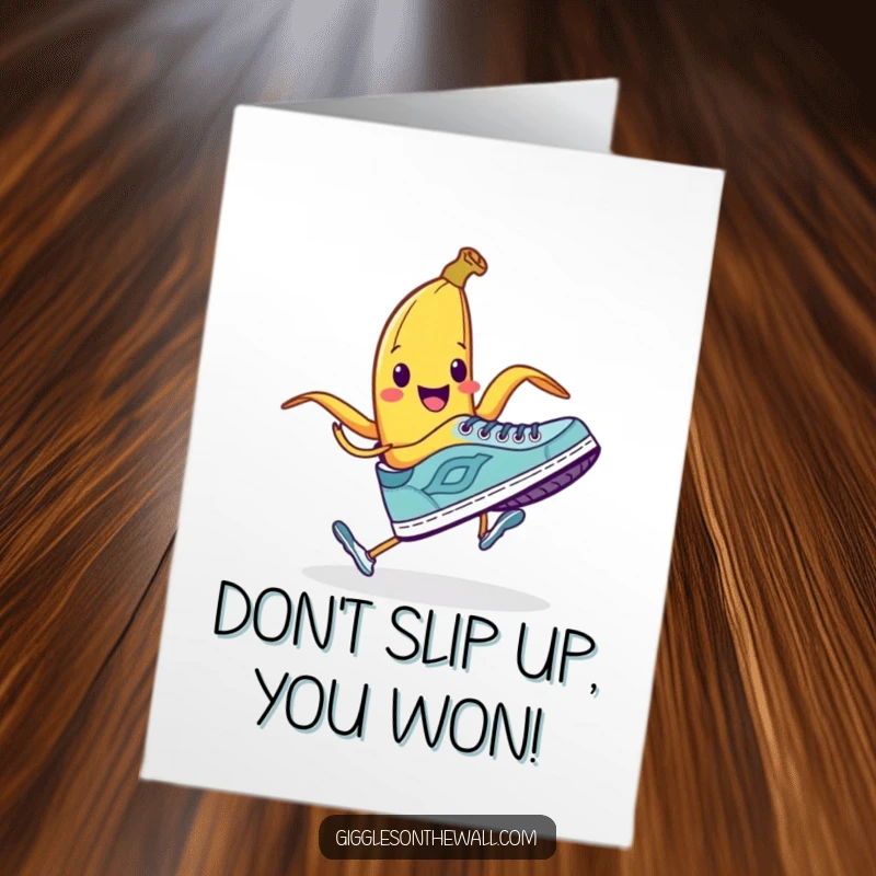 Funny Free Printable Congratulations Card: A smiling banana peel attempts to trip a running shoe, humorously highlighting their achievement.