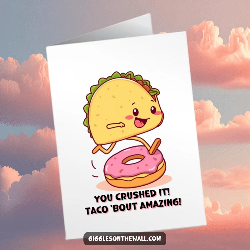Funny Free Printable Congratulations Card: A marathon-running taco trips over a donut, humorously celebrating their achievement.