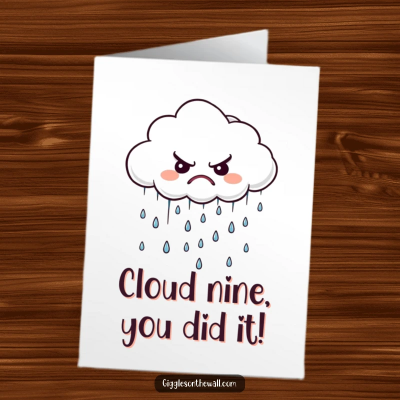 Free Printable Congratulations Card: A grumpy cloud sheds tiny, disgruntled raindrops, celebrating a difficult success.