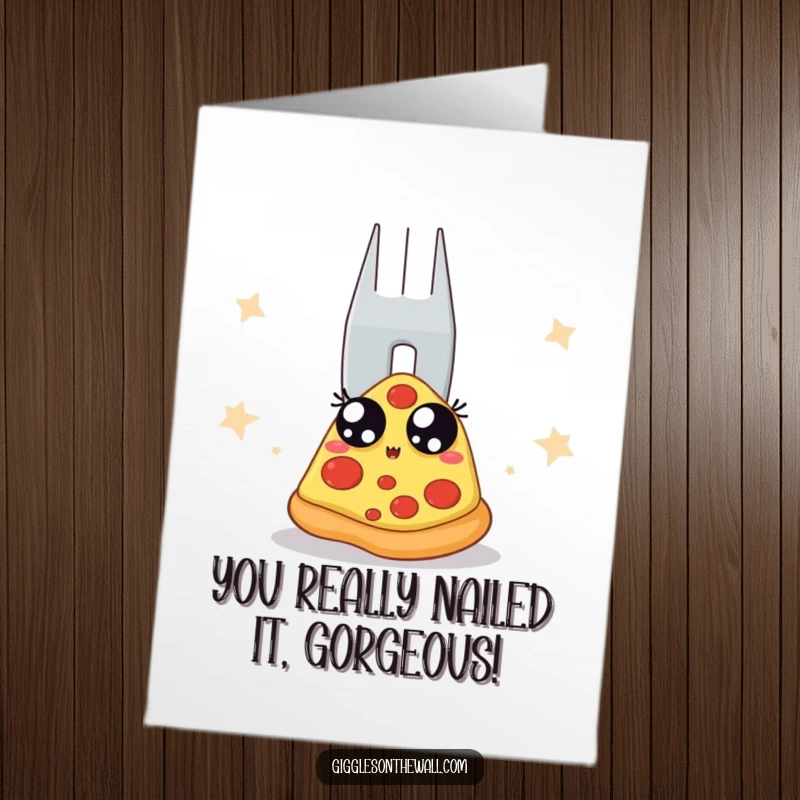 Funny free printable congratulations card: a pizza slice facing a giant fork, ready for your epic news.