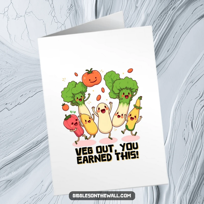 Funny Free Printable Congrats Card: A group of animated vegetables in a chaotic synchronized dance, a celebratory downloadable.