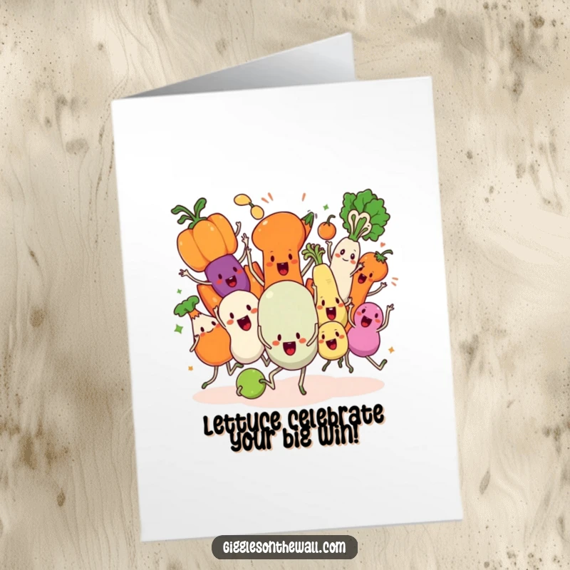 Humorous free printable congratulations card showing a crew of animated vegetables in a riotous, disorganized synchronized dance performance.