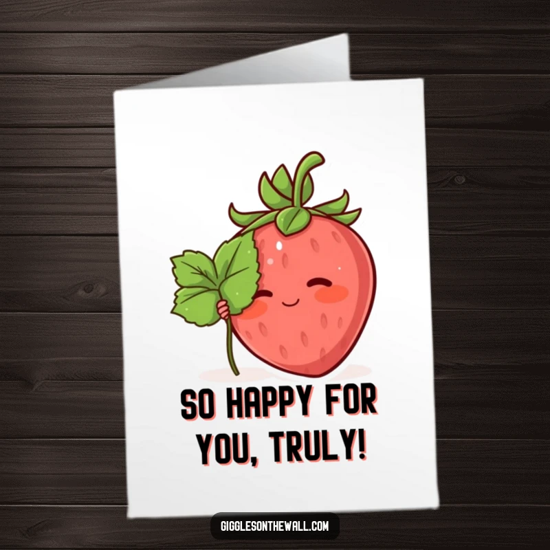 Funny Free Printable Congratulations Card: A blushing strawberry character hiding behind a leaf, peeking out.
