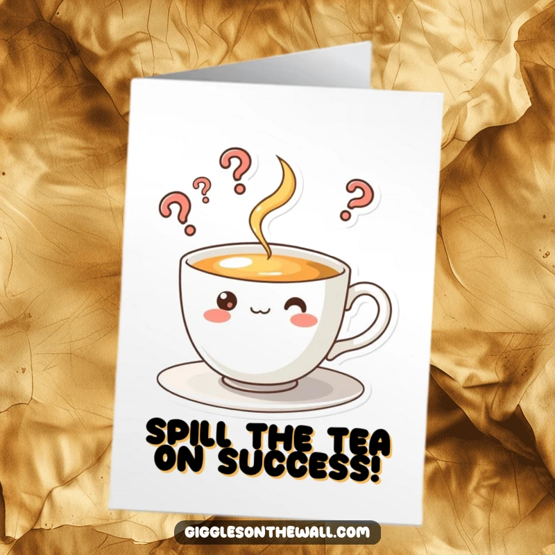 Funny Free Printable Congratulations Card: A curious teacup character with steam rising like question marks, contemplating congratulations.