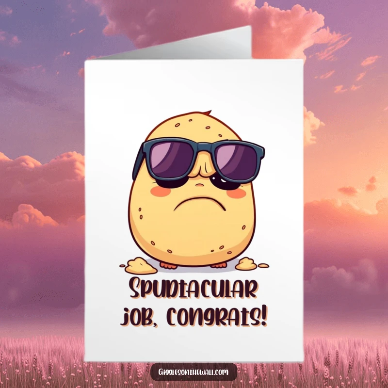 Funny Free Printable Congratulations Card: A grumpy potato wearing sunglasses, trying to escape the threat of being mashed, celebrating freedom.