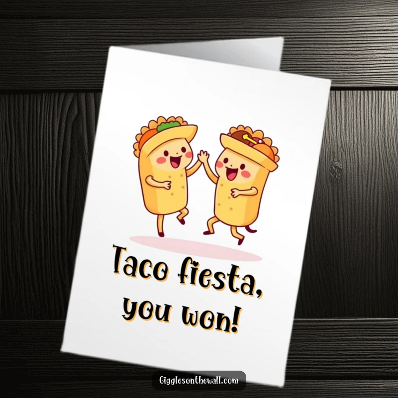 Free Printable Congratulations Card with a group of tacos performing a synchronized salsa dance, celebrating a victory.