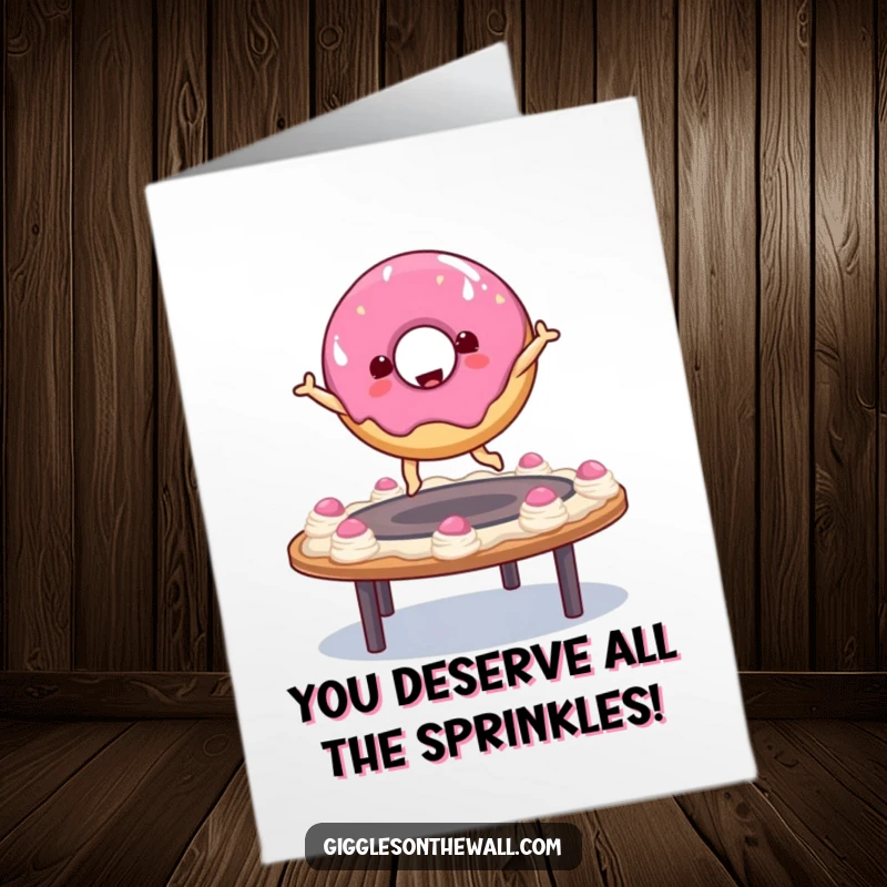 Funny Free Printable Congrats Card: A happy donut character energetically bouncing on a frosting trampoline, celebrating success.