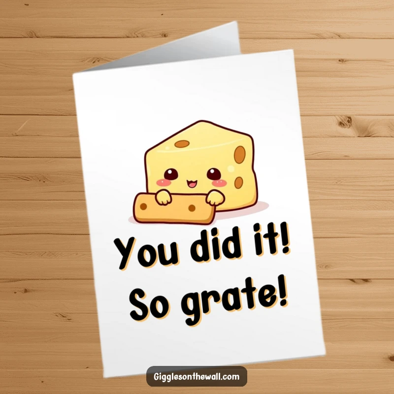 Funny Free Printable Congratulations Card: A smiling cheese character peeking shyly behind a cracker, offering congratulations.