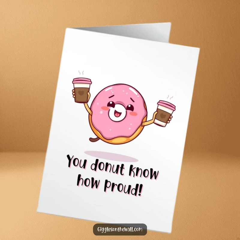 Funny Free Printable Congrats Card: A giddy donut attempts to juggle coffee cups, symbolizing a successful and energetic celebration.