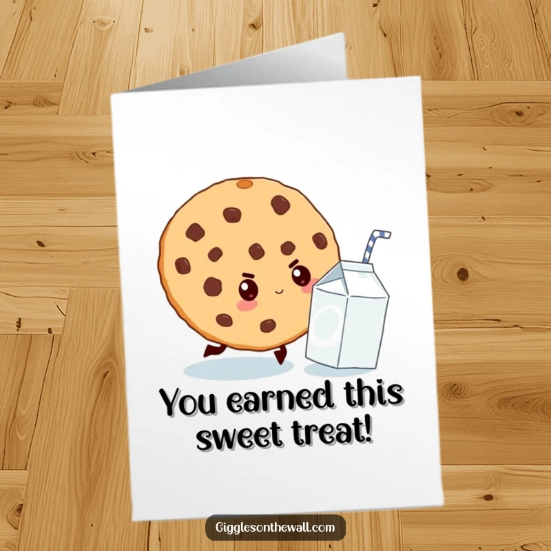 Funny Free Printable Congratulations Card: A giant cookie in hot pursuit of a tiny milk carton, celebrating your successful hunt.