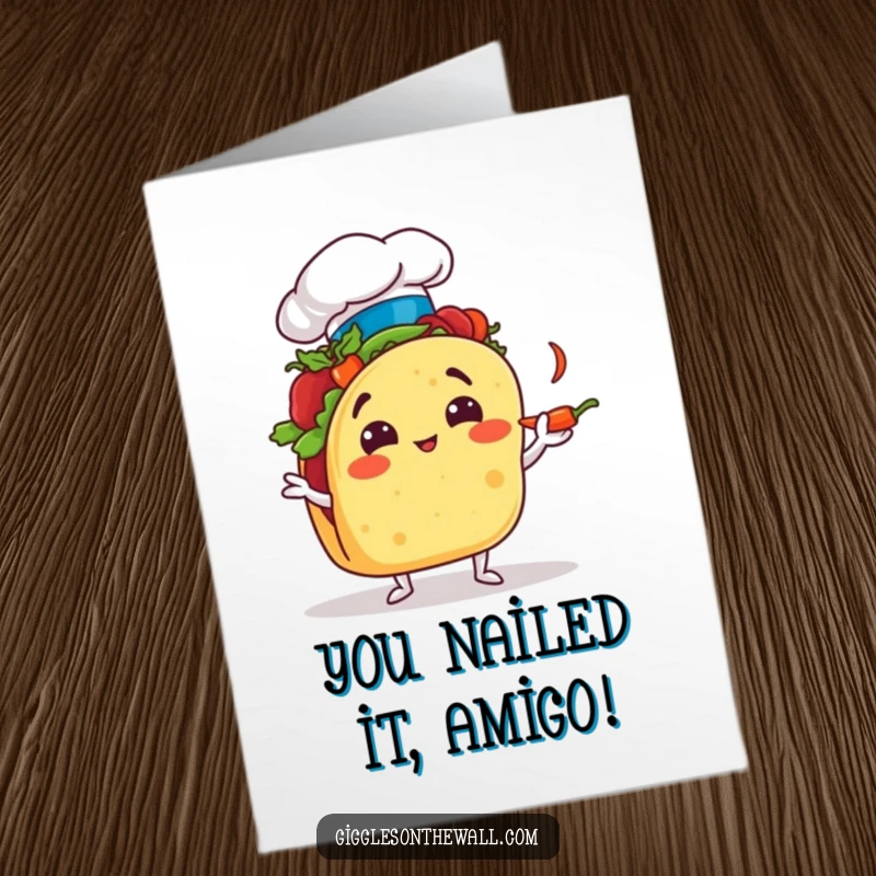 Funny Free Printable Congratulations Card: A determined taco chef wearing a hat, comically juggling tiny red chili peppers with chaotic energy.