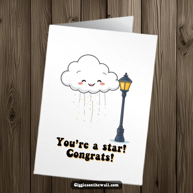 Funny Free Printable Congratulations Card: A happy cloud rains glitter onto a grumpy lamppost, celebrating their success humorously.