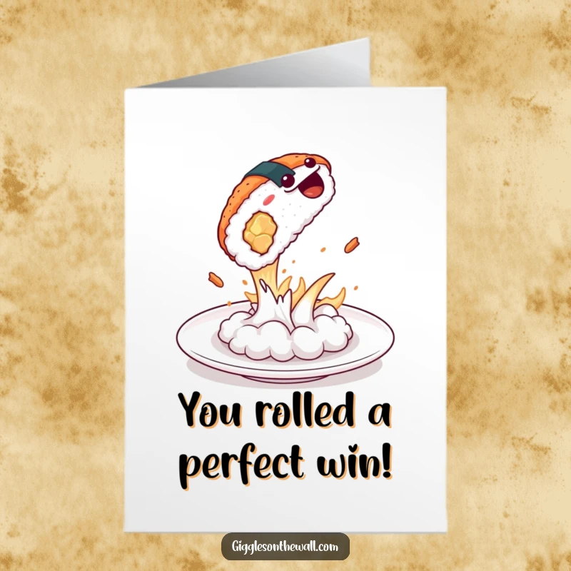 Funny Free Printable Congrats Card: A piece of sushi dramatically leaps mid-air from a plate, conveying surprise and celebration.