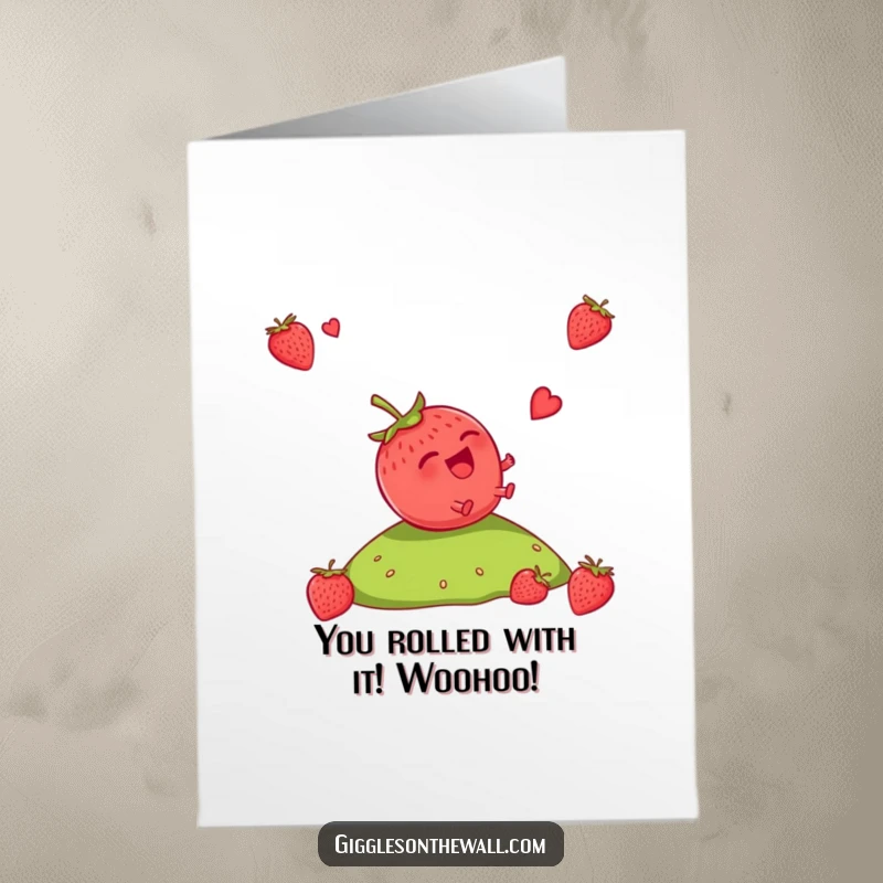 Funny Free Printable Congratulations Card: A strawberry laughing hysterically while tumbling uncontrollably down a grassy hill.