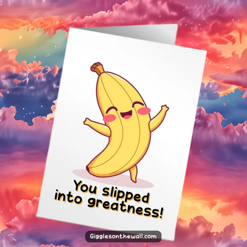 Funny Free Printable Congratulations Card: A banana peel hilariously trips on its own peel, celebrating your success with laughter.