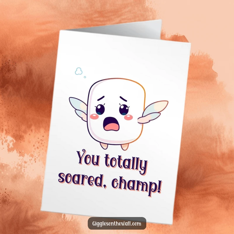 Funny Free Printable Congratulations Card: A startled marshmallow character attempting to fly with tiny wings, celebrating success.