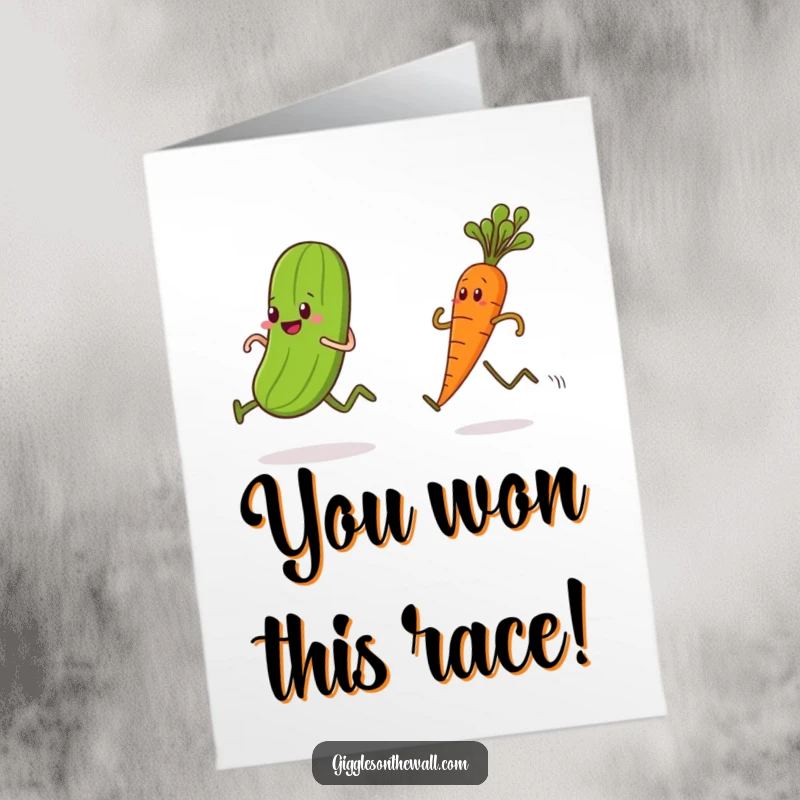 Funny Free Printable Congratulations Card featuring a pickle winning a race against a determined carrot, crossing the finish line.