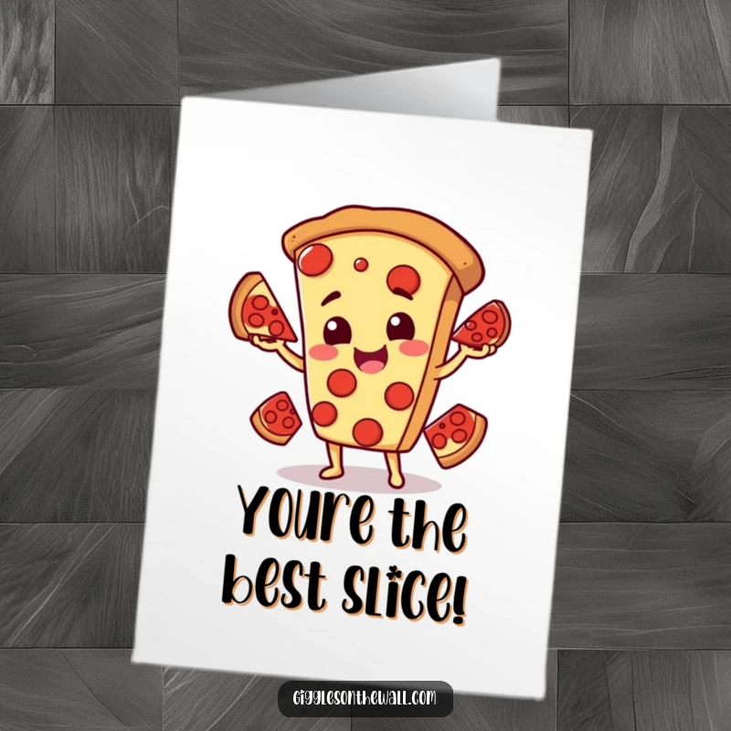 Free Printable Congratulations Card featuring a smiling pizza character juggling pepperoni slices.