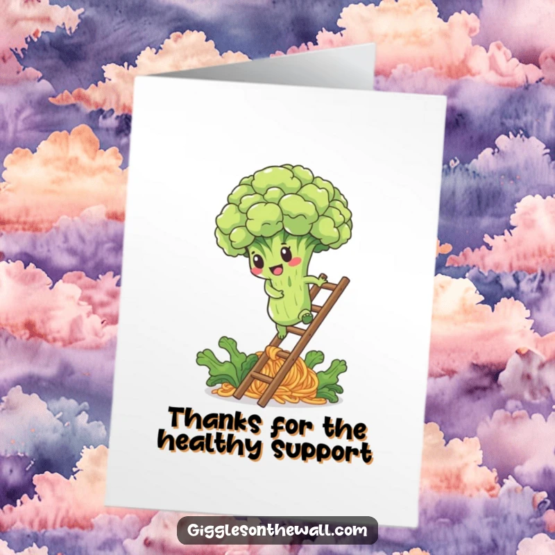 Funny Free Printable Thank You Card: a determined broccoli floret character climbing a noodle ladder.