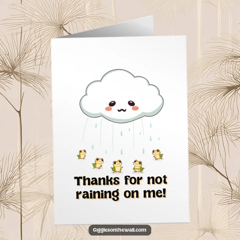 Funny Free Printable thank you card showing a cloud with a big tear crying tiny, bouncing frogs.