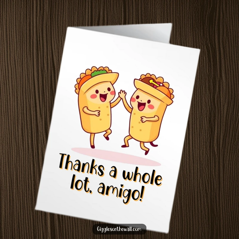 Funny Free Printable Thank You Card: Tacos in sync, dancing salsa, expressing gratitude with a festive flair.