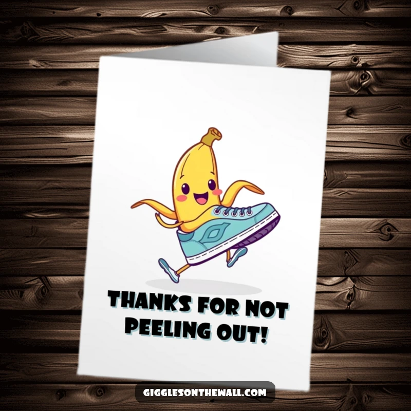 Funny Free Printable Thank You Card: A smiling banana peel plots to trip a running shoe, humorously conveying thanks.
