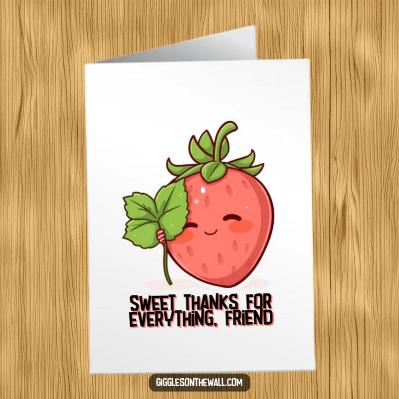 Funny Free Printable Thank You Card: A blushing strawberry character attempts to hide behind a leaf.