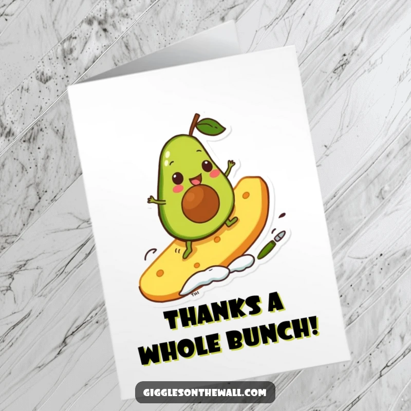 Funny Free Printable Thank You Card: Grateful avocado character surfing a chip, expressing thanks with a huge grin.
