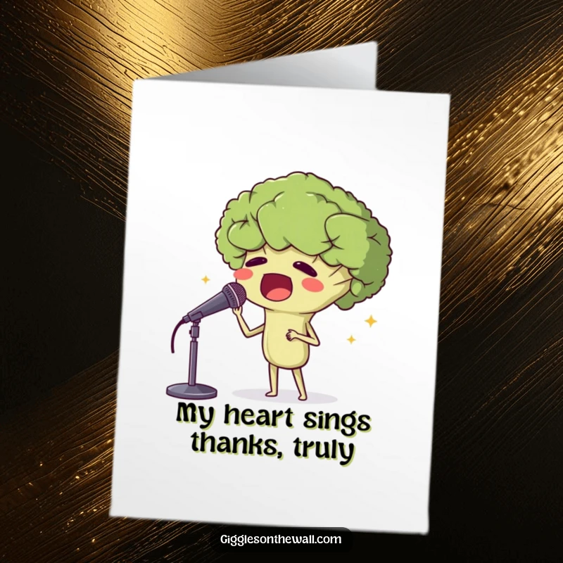 Funny Free Printable Thank You Card: A broccoli head passionately singing opera, offering a dramatic and humorous expression of thanks.