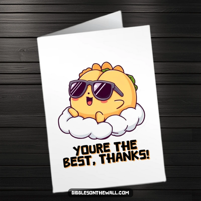 Funny Free Printable Thank You Card featuring a taco wearing sunglasses and lounging on a cloud.