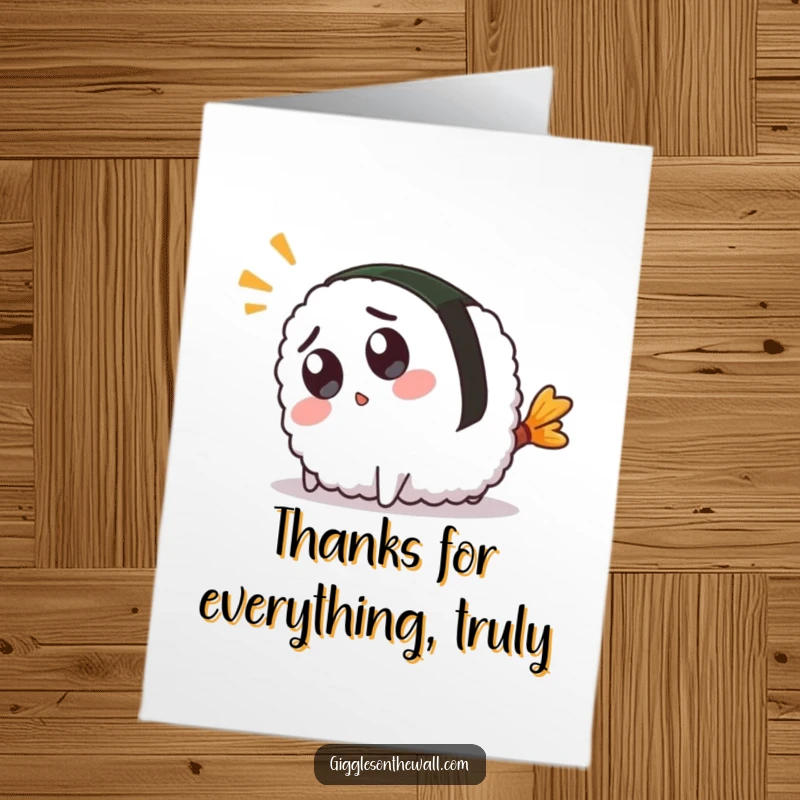 Funny Free Printable Thank You Card with a surprised sushi character comically tripping.