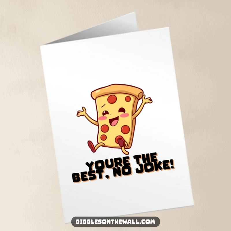 Funny Free Printable Thank You Card: A pizza slice with legs doing an enthusiastic, clumsy dance, sending thanks with a funny twist.