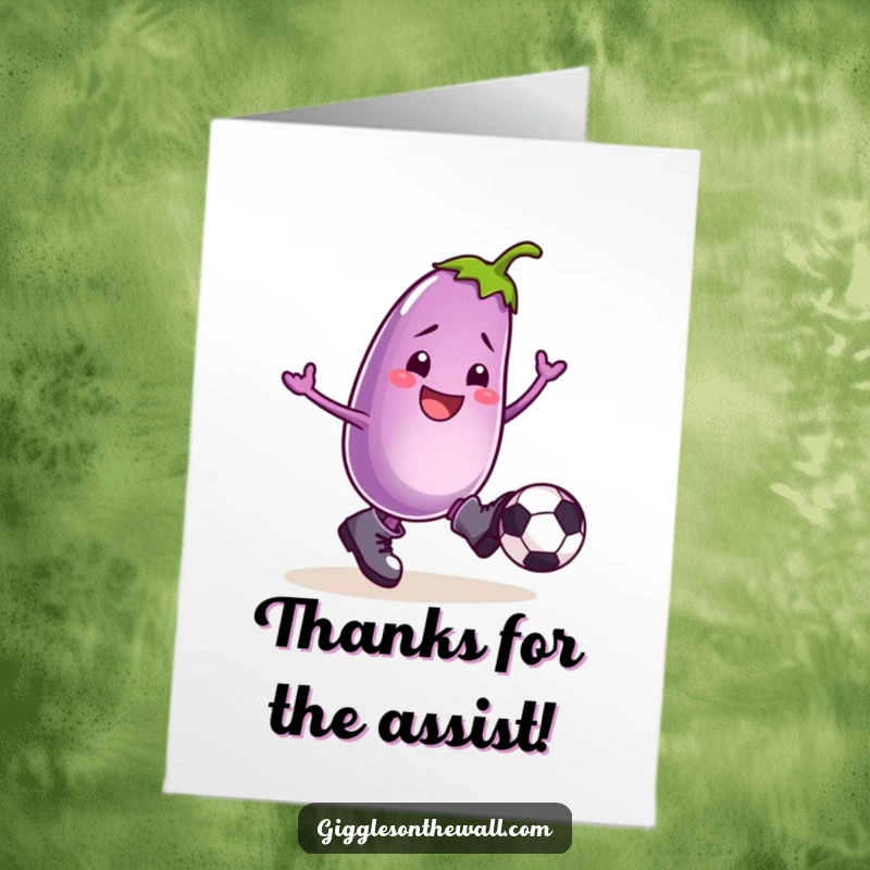 Funny Free Printable Thank You Card: Smiling eggplant in boots kicking a football, expressing thanks with a flourish.