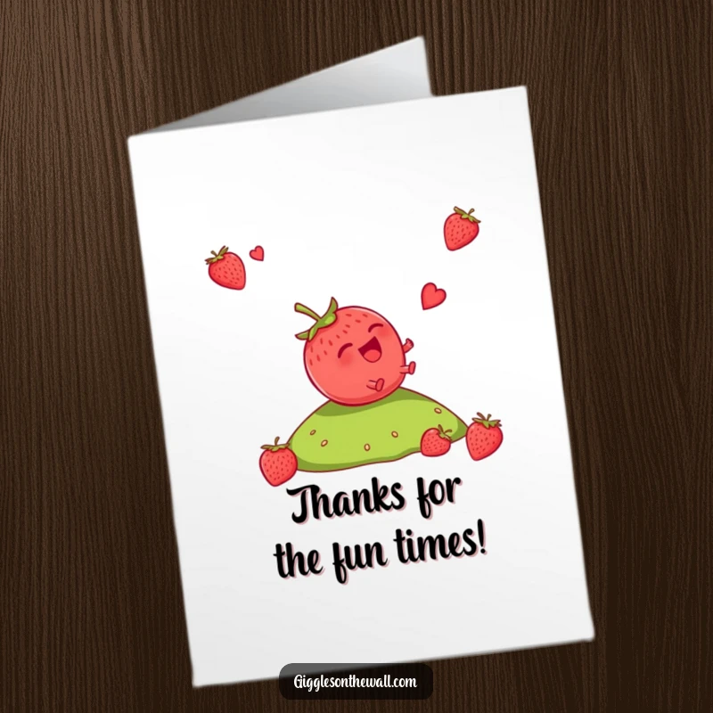 Funny Free Printable Thank You Card: A strawberry giggling uncontrollably while rolling down a hill to express thanks.